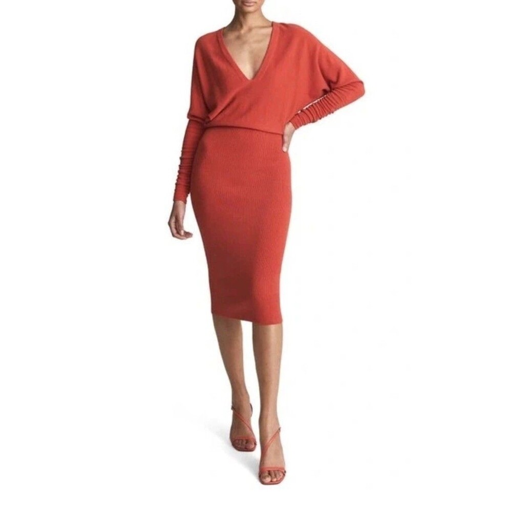 REISS Wool Cashmere Blend Comfy Red Roll Neck Turtleneck Ruched Midi Dress S FXC
